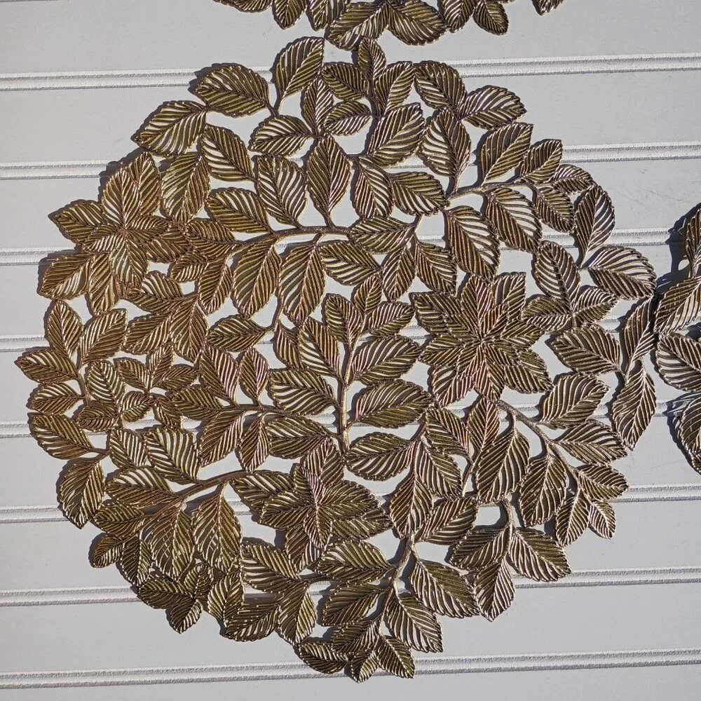 Gold Vinyl Placemats Set of 4 MCM Vintage Style Round Textured Christmas 14.5 in